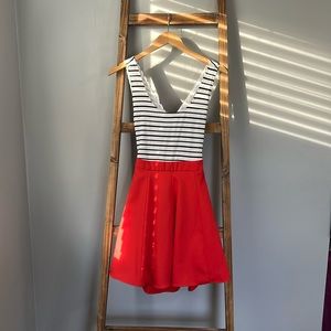 HYFVE mini dress size small with white top, navy stripes and red skirt.